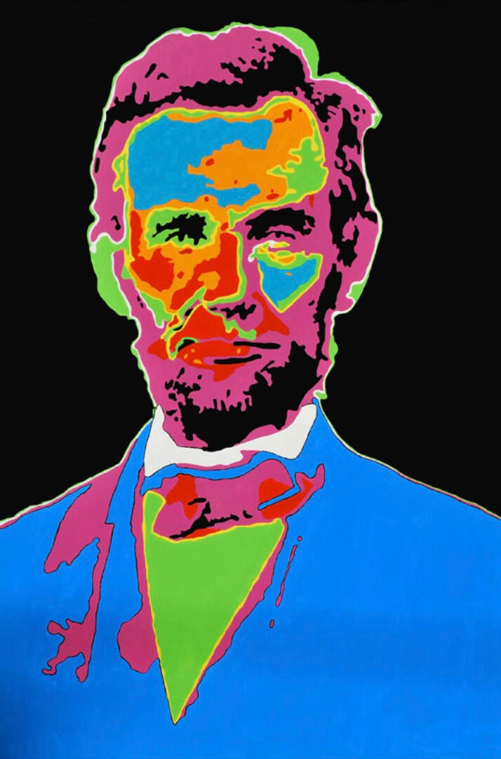 LINCOLN LINCOLN, portrait of Abraham Lincoln in bold pop colors on a black background